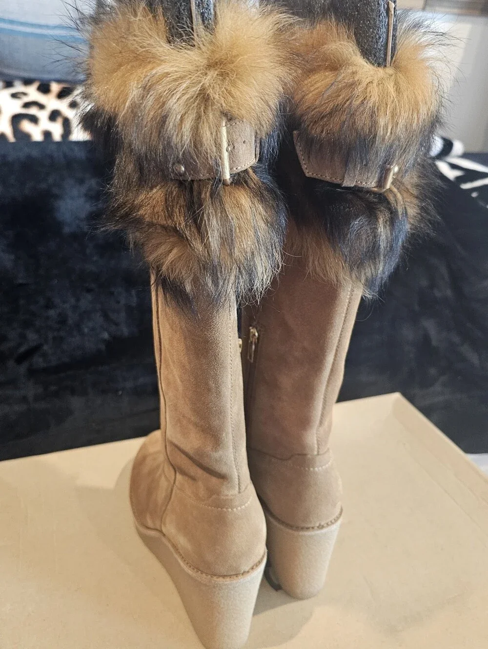 UGG Tan Faux-Fur Wedge Suede Boots - Size 8